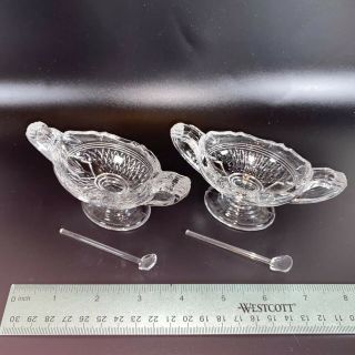 Two Ornate Glass Salt Dishes With Spoons; Light Reflects And Glistens.  Gorgeous