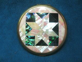 Vintage Zell Fifth Avenue Mother - Of - Pearl & Brass Powder Compact W/ Mirror
