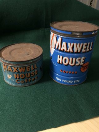 Mid Century Maxwell House Coffee Cans Set Of 2 / 1 - 1 Lb & 1 - 2 Lb