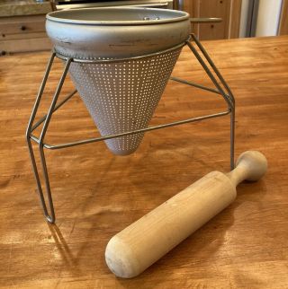 Vintage Aluminum Cone - Shape Colander Fruit Press Strainer W/stand & Wood Pestle