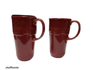 2 Longaberger Red Woven Traditions Paprika Pottery Travel Mugs Coffee Cups 1 Lid