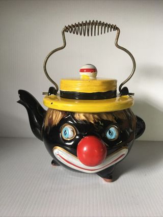 Vintage Thames Teapot Black Clown Face Hand Painted Japan 1950s Redware