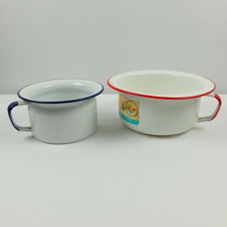 2 Vintage Federal Enameled Ware Pot Bowl Basin Red & White,  Blue & White Handle