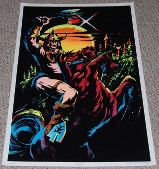 Knight Barbarian Warrior W/ Axe On Horse Flocked Blacklight Poster 1984 Cc Sales