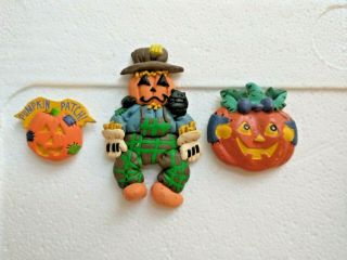 Three Vintage Halloween Refrigerator Magnets 2 Pumpkins & A Scarecrow