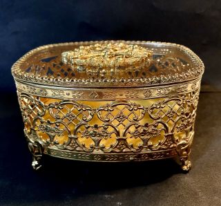 Vintage Gold Filigree Velvet Lined Trinket Jewelry Box Ornate Glass Lid 4.  5 " X 4 "