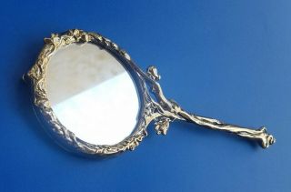 Vintage 7.  5 " Gold Tone Pewter Handheld Mirror With Picture Frame