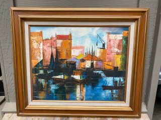 Mcm Mid - Century Modern Carlo Of Hollywood Abstract Oil On Canvas Boats Cityscape