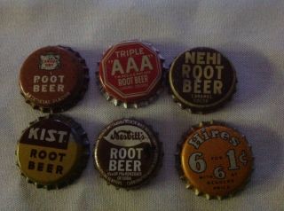 6 Different Root Beer Bottle Caps,  Cork Lined