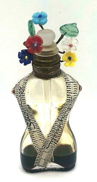 Vintage Miniature Schiaparelli Shocking Perfume Bottle W/ Glass Flowers & Ribbon