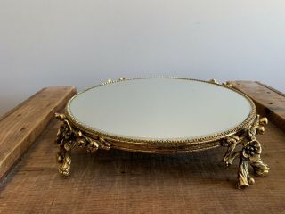 Vintage Ornate Floral Round Gold Metal Mirror Dresser Vanity Tray Footed