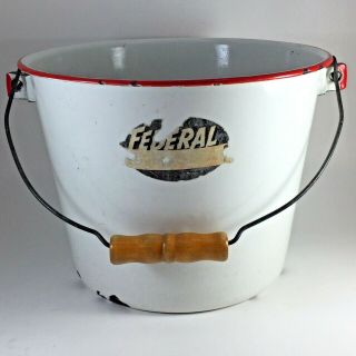Vintage Federal Enamelware Stock Pot White With Red Trim Wooden Handle 10 - 1/2 " D