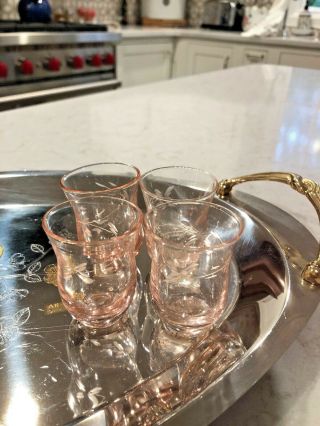 Vtg Set Of 4 Pink Flower Etched Depression Shot Glasses Glass