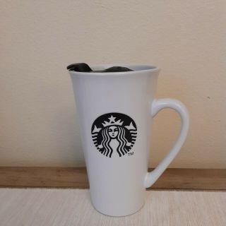 Starbucks 2013 White Ceramic Travel Coffee Mug 16 Oz W/ Lid - Black Mermaid Logo