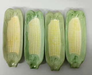 Vintage Corn On The Cob Serving Dishes Plates Holders Ceramic 4 Piece