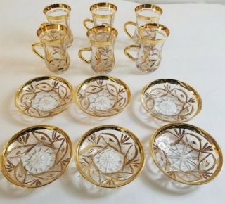 Vintage Gold Tone Turkish Tea Cups & Saucers Coffee Set Of 6 Etched Glass