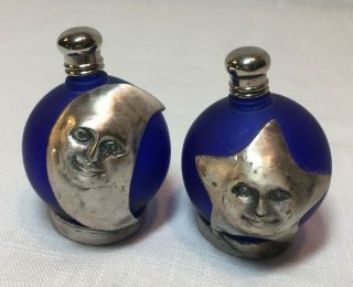 2 Vintage Perfume Bottle Cobalt Blue Metal Accents,  Glass