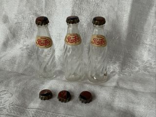 3 Vintage Pepsi Cola Miniature Glass Bottles With Metal Caps Plus 3 Extra Caps