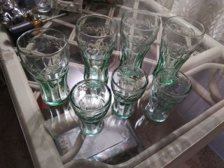 Vintage Rare Htf Coca Cola Small Glasses - Set Of 4 Green Glasses And 3 Tiny Ones