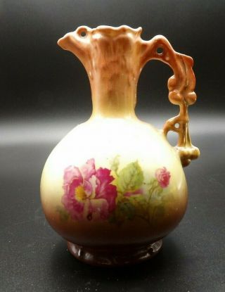Lovely Art Nouveau Pitcher / Vase / Ewer Yellow Pink Wild Rose Antique Austria