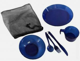 Polycarbonate Mess Kit Blue With Knife Fork Spoon On Ring,  Plate Bowl Cup Set