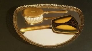 Vintage (3 Piece) Vanity Brass Hand Mirror,  Hand Brush,  And Mirrored Tray Set