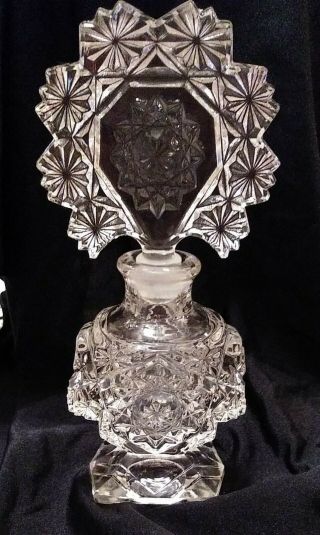 Vintage Cut Glass Crystal Etched Star Starburst Perfume Bottle 8 " Tall Art Deco