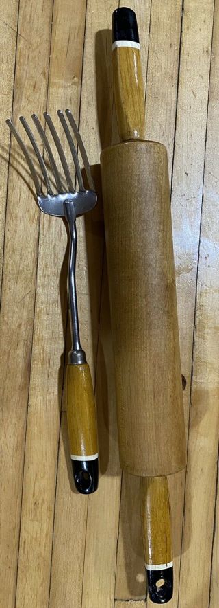 Vintage Mid - Century Retro Ekco Wood Rolling Pin Matching Mixing Fork Painted