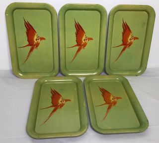 Vintage 1950’s Metal Serving Lap Trays Green With Red Parrot Set Of 5