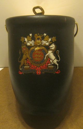 Mid Century Kraftware Ice Bucket Black Padded Faux Leather Heraldic Shield