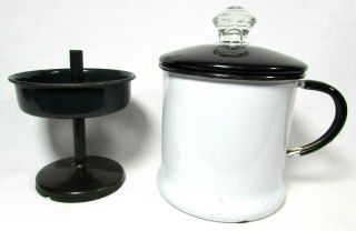 Vintage Rare Black White Enamelware Coffee Pot Cup W Filter Glass Top Farmhouse