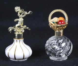 (2) Antique Irice Miniature Glass Perfume Bottles W/centaur & Fruit Stoppers 2 " H