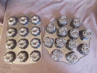 Nordic Ware Cast Aluminum 2 Mini Cupcake Muffin Pans - Roses & Bundt Dl