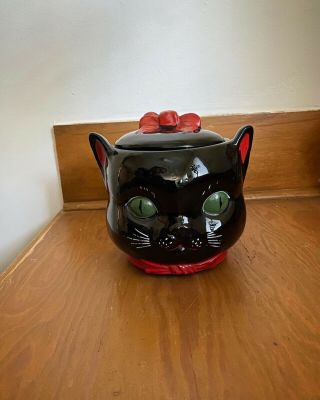 Vintage Shafford Red Ware Black Cat Head Cookie Jar Halloween Japan 845 1950s