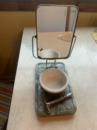 Vintage Shaving Stand With Tilt Folding Mirror & Gem Micromatic Razor
