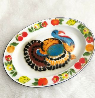 Vintage Graniteware Enamel Turkey Thanksgiving Oval Serving Platter