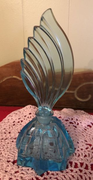 Vintage Perfume Bottle Ice Blue Glass Art Deco Fan Shape
