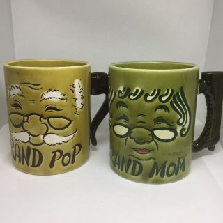 Vtg Grand Pop And Grand Mom Coffee/tea Cups Set Of 2 Made In Japan Cute