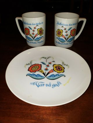 2 Cups Mugs 1 Plate Bergquist Imports Scandinavian Swedish Porcelain Floral