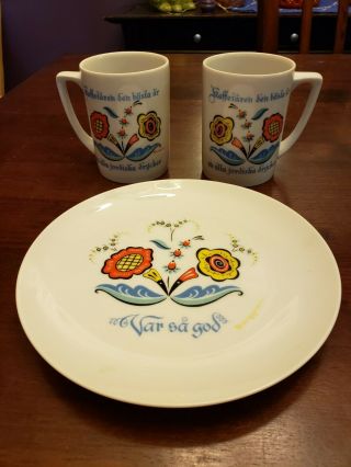 2 Cups Mugs 1 plate Bergquist Imports Scandinavian Swedish Porcelain Floral 2