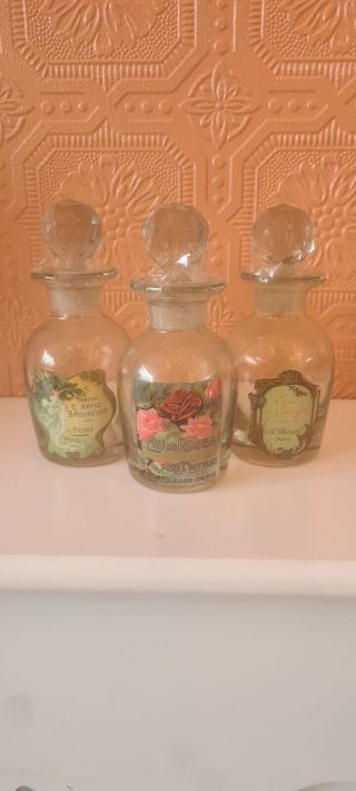 Set Of 3 Vintage Glass Apothecary Bottles Perfume Dressing Table
