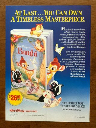 1989 Walt Disney Bambi Vhs Video Movie Vintage Print Ad/poster Retro 80s Décor