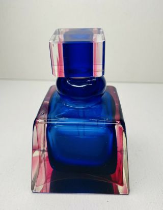 Vintage Art Glass Cobait Blue/red Clear Square Perfume Bottle W/stopper 4”x2”