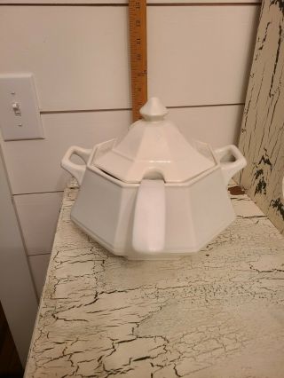 White Glossy Ceramic Soup Tureen 3 Piece Ladle Lid And Bowl.