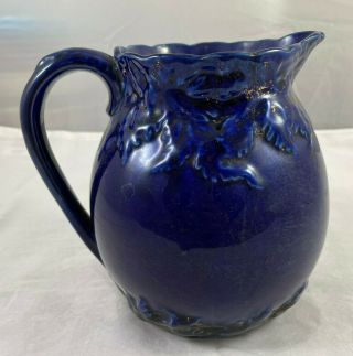 Antique Cobalt Blue Glazed Pottery 6.  5 " Pitcher Gold Embellishment
