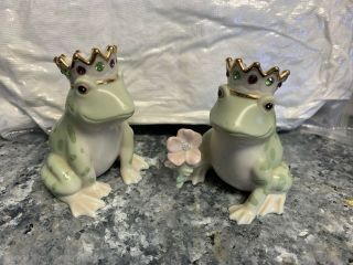 Lenox Jeweled Frog Royal Prince Salt & Pepper Shaker Set Green Gold Crowns
