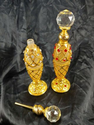 Set Of (2) Vintage Perfume Bottle - Frosted Crystal Glass - Ornate Gold