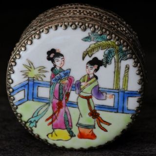 Mid - 20th Century Porcelain And Metal Oriental Round Trinket/vanity Box & Mirror