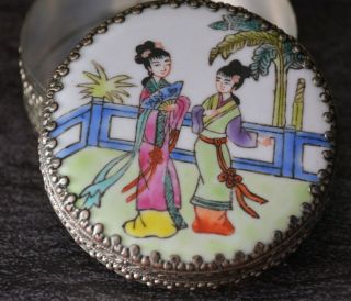 Mid - 20th Century Porcelain and Metal Oriental Round Trinket/Vanity Box & Mirror 3