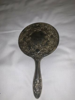 Vintage Silver Plated Hand Held Mirror Raised Floral Design 9”tall Heavy